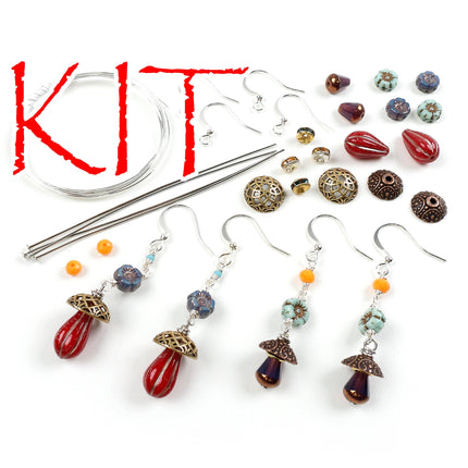 KIT Mushroom and flower earrings, red, orange, blue and silver tones, make two pairs, base metal, designer Irina Miech