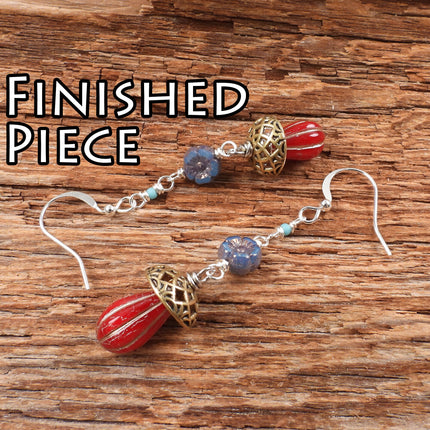 KIT Mushroom and flower earrings, red, orange, blue and silver tones, make two pairs, base metal, designer Irina Miech