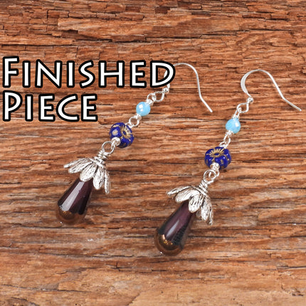 KIT Mushroom and flower earrings, purple, blue and silver tones, make two pairs, base metal, designer Irina Miech