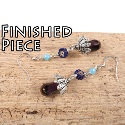 KIT Mushroom and flower earrings, purple, blue and silver tones, make two pairs, base metal, designer Irina Miech