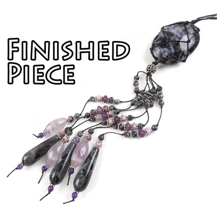 KIT knotted gemstone tassel necklace, gabbro amethyst stones, knotting technique, adjustable clasp, silver tones, designer Irina Miech