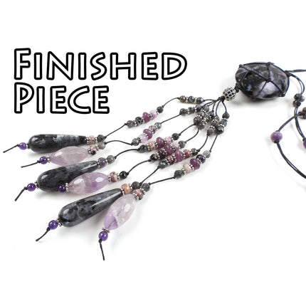 KIT knotted gemstone tassel necklace, gabbro amethyst stones, knotting technique, adjustable clasp, silver tones, designer Irina Miech