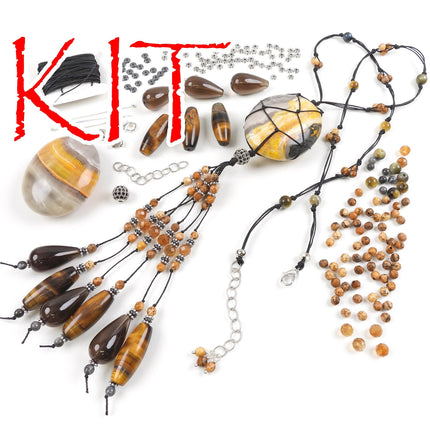 KIT knotted gemstone tassel necklace, bumbleebee jasper stones, knotting technique, adjustable clasp, silver tones, designer Irina Miech