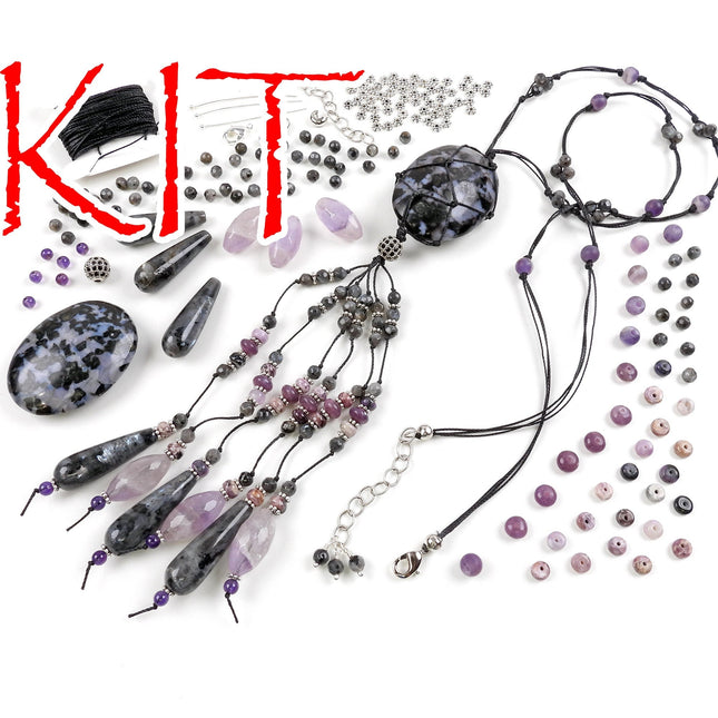 KIT knotted gemstone tassel necklace, gabbro amethyst stones, knotting technique, adjustable clasp, silver tones, designer Irina Miech
