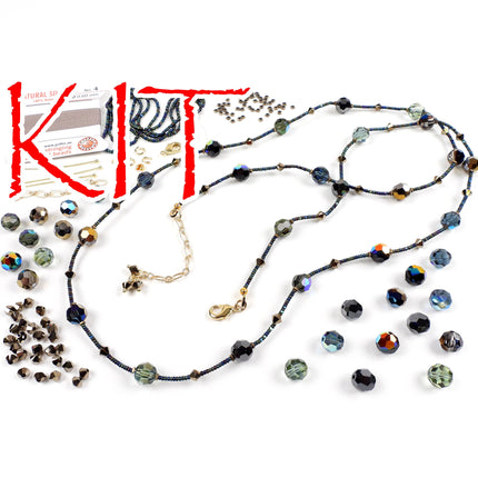 KIT Multicolor Swarovski crystal necklace with round and bicone beads, grey and blue tones, goldtone, designer Irina Miech