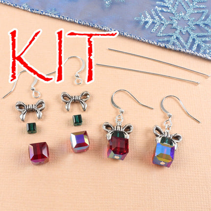 Kit Christmas present earrings, red and green Swarovski crystal, silver tone metal, designer Irina Miech