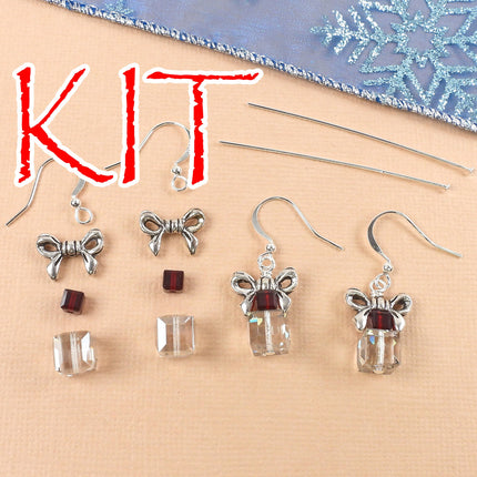 Kit Christmas present earrings, dark red and silver clear Swarovski crystal, silver tone metal, designer Irina Miech