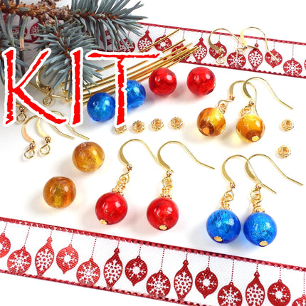KIT Christmas ornament earrings assortment, bright colors, holiday themed earrings, gold tone metal, make three pairs, designer Irina Miech