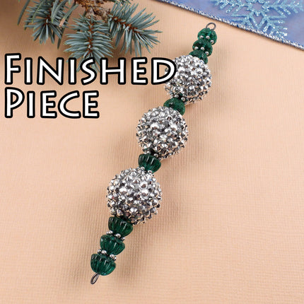 KIT Green icicle ornament, silver tone rhinestone beads, vintage German glass beads, Christmas tree decoration, designer Irina Miech