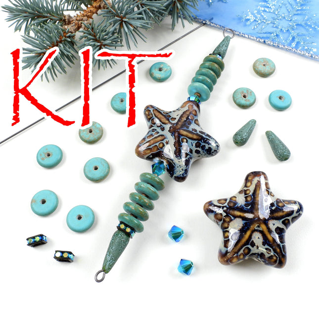 KIT Starfish icicle ornament, silver tone and blue ocean colors, sea star Christmas tree decoration, designer Irina Miech