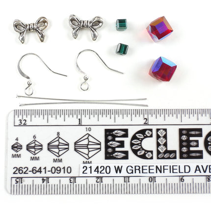 Kit Christmas present earrings, red and green Swarovski crystal, silver tone metal, designer Irina Miech