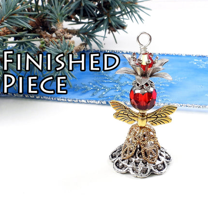 Kit Christmas flower fairy pendant, red and silver tones, whimsical ornament, designer Irina Miech