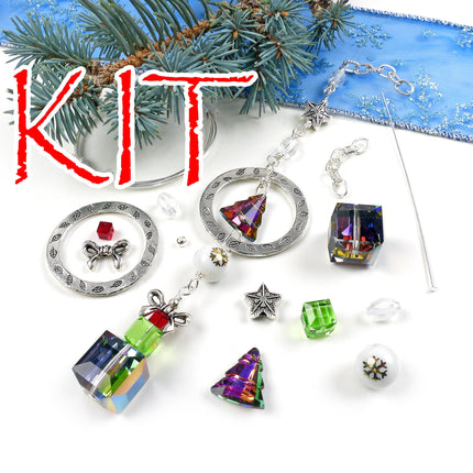 KIT Multicolor long crystal Christmas ornament, green and red colors, silver tone holiday sun catcher decoration, designer Irina Miech