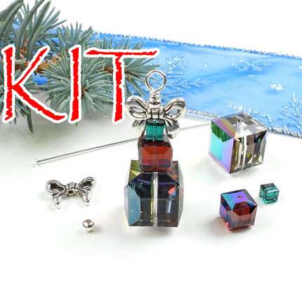 Kit Christmas present pendant, green and red Swarovski crystal, silver tone metal, designer Irina Miech