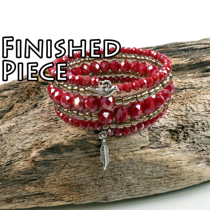 KIT Faceted glass memory wire bracelet, silver tones, red colors, bird and feather charms, Irina Miech