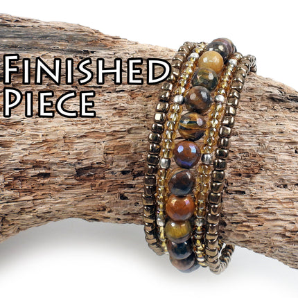 KIT colorful gemstone memory wire bracelet, tigereye, brown and silver tones, Irina Miech