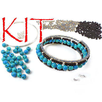 KIT colorful gemstone memory wire bracelet, black, green and turquoise colors, silver tones, multi color, Irina Miech