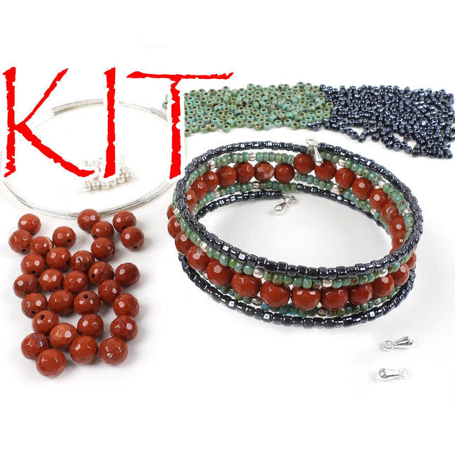 KIT colorful gemstone memory wire bracelet, faceted red jasper, silver tones, Irina Miech