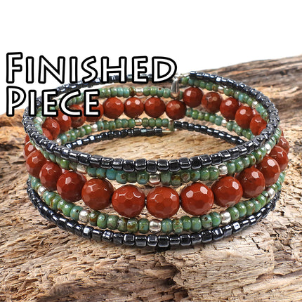 KIT colorful gemstone memory wire bracelet, faceted red jasper, silver tones, Irina Miech