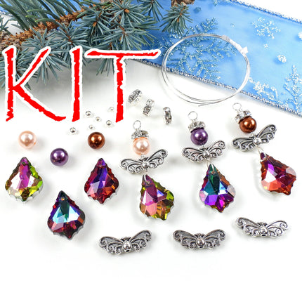 Kit Trio of dancing angel pendants, faceted glass drops, pink, red, and orange colors, silver tone ornaments, designer Irina Miech