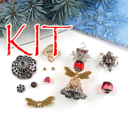 Kit Christmas flower fairy pendant, red and silver tones, whimsical ornament, designer Irina Miech