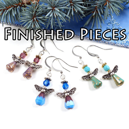 KIT Dainty angel earrings, blue, purple, turquoise colors, silver tone metals, create three pairs, designer Irina Miech