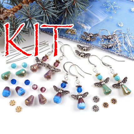 KIT Dainty angel earrings, blue, purple, turquoise colors, silver tone metals, create three pairs, designer Irina Miech
