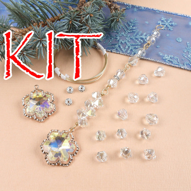 KIT Sparkling glass snowflake ornament, faceted snow flake pendant, clear ab gold tone sun catcher decoration, designer Irina Miech