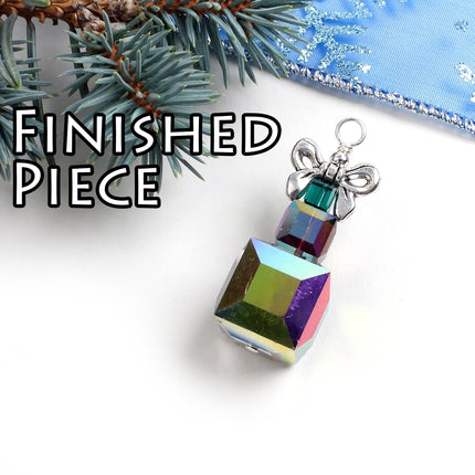 Kit Christmas present pendant, green and red Swarovski crystal, silver tone metal, designer Irina Miech