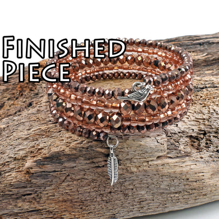 KIT Faceted glass memory wire bracelet, silver tones, copper colors, bird and feather charms, Irina Miech