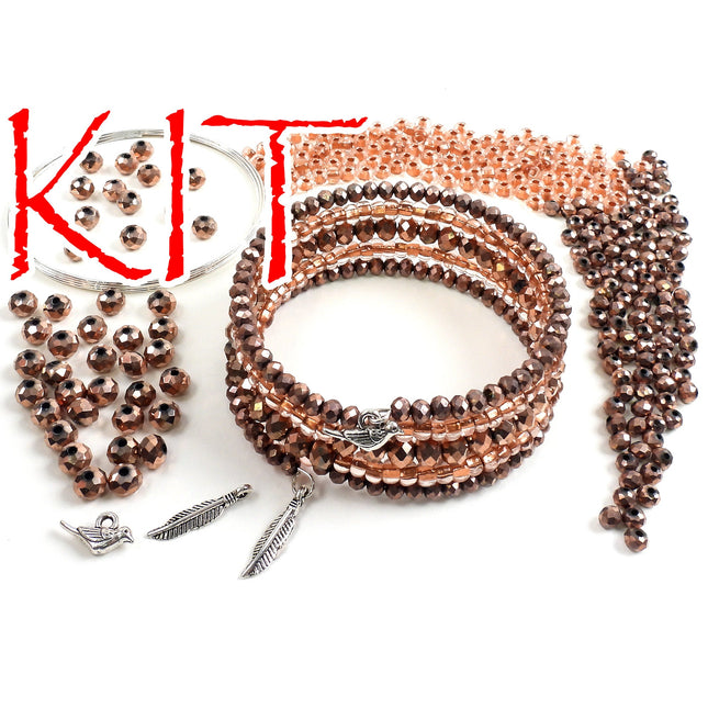 KIT Faceted glass memory wire bracelet, silver tones, copper colors, bird and feather charms, Irina Miech