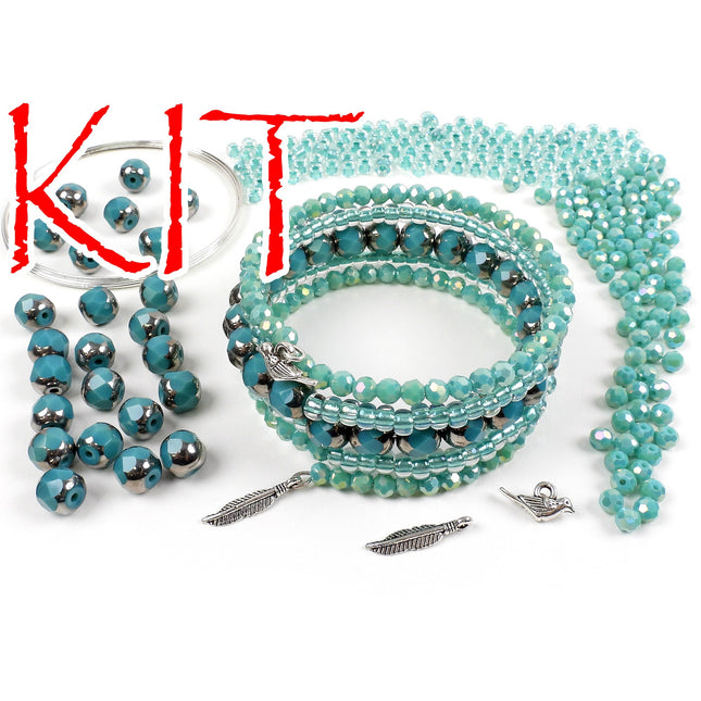 KIT Faceted glass memory wire bracelet, silver tones, turquoise blue colors, bird and feather charms, Irina Miech