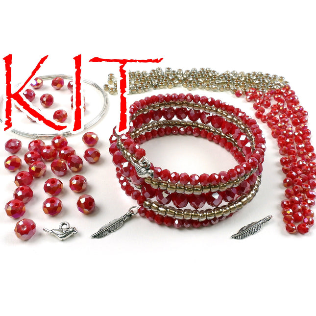KIT Faceted glass memory wire bracelet, silver tones, red colors, bird and feather charms, Irina Miech