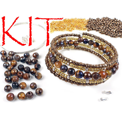 KIT colorful gemstone memory wire bracelet, tigereye, brown and silver tones, Irina Miech